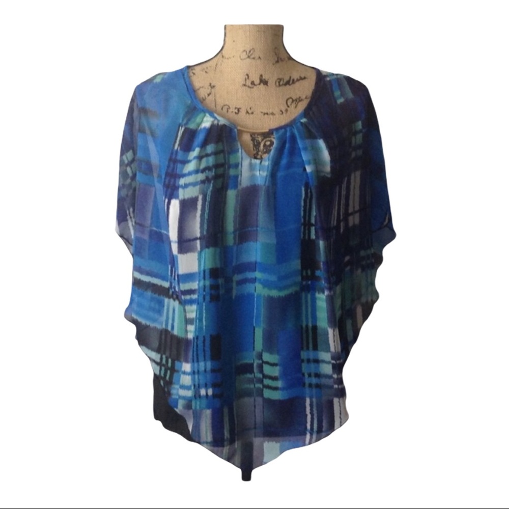 Semi Sheer Blue Geometric Print Layered Summer Top